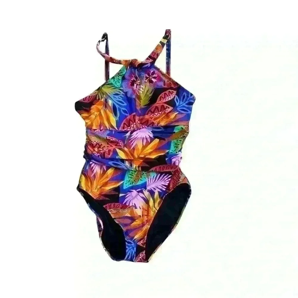 NWT Bleu Rod Beattie 6 Multi Color Tropical One Piece Swimsuit Halter High Neck